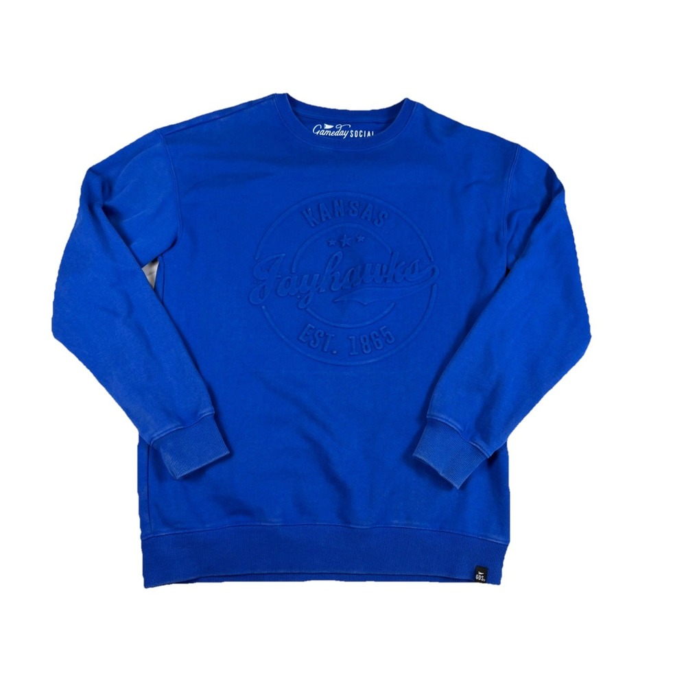 KU Jayhawks Gameday Social Sweatshirt Mens L‎ Blue Embossed Crewneck Faded Look